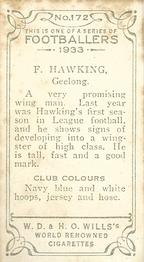 1933 Wills's Victorian Footballers (Small) #172 Fred Hawking Back